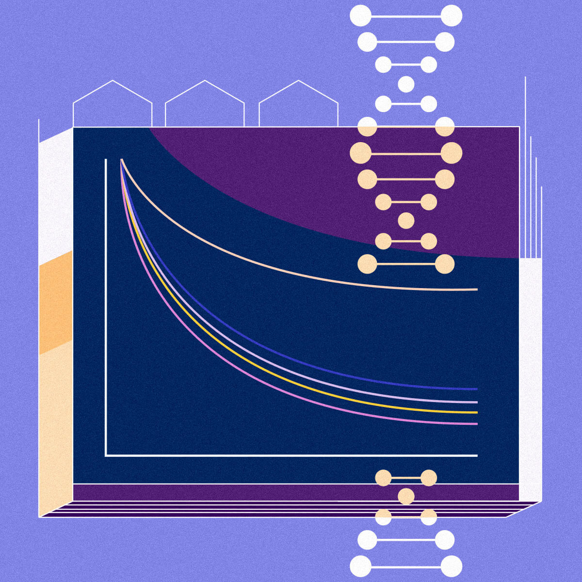 illustration of a Kaplan Meier curve data visualization and a DNA strand