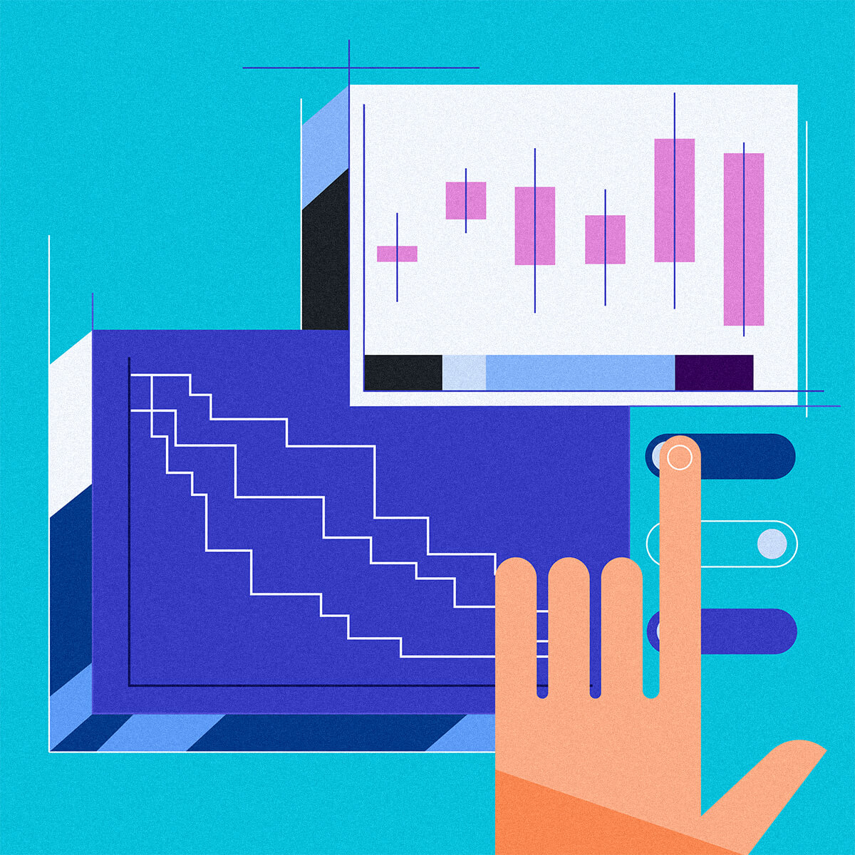 illustration of various data visualizations and a human hand pressing buttons to filter the data