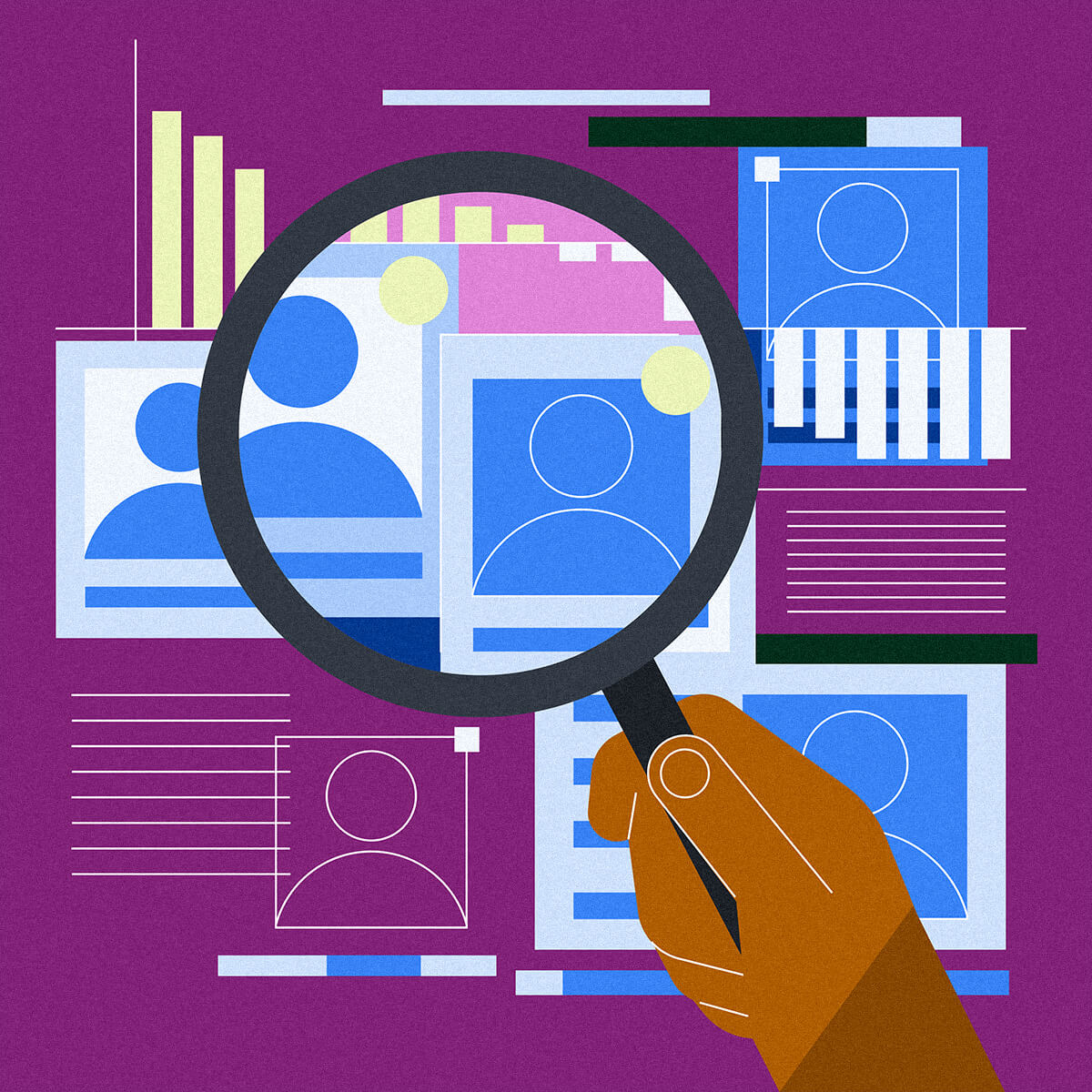 illustration of a human hand holding a magnifying glass on top of a random assortment of patient charts